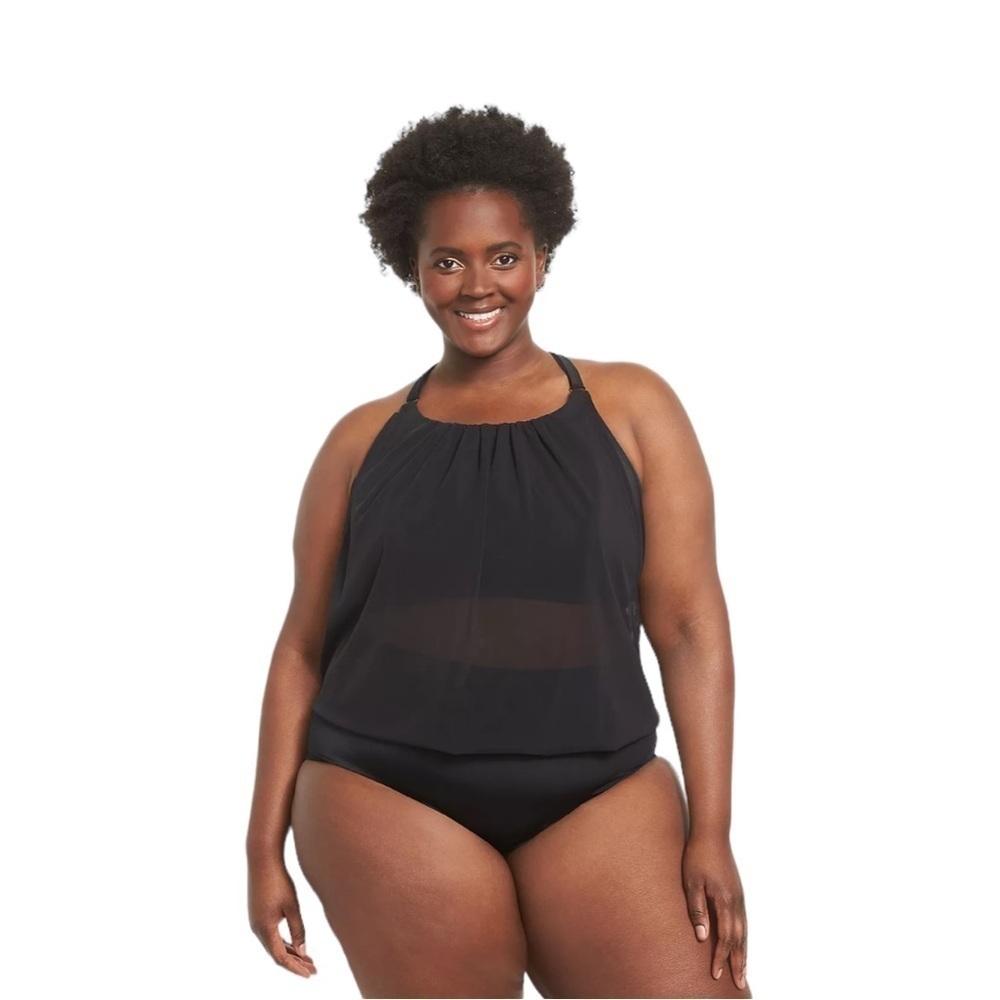 Lane Bryant NWOT Mesh Blouson No-Wire Swim Tankini Top Black Size 28